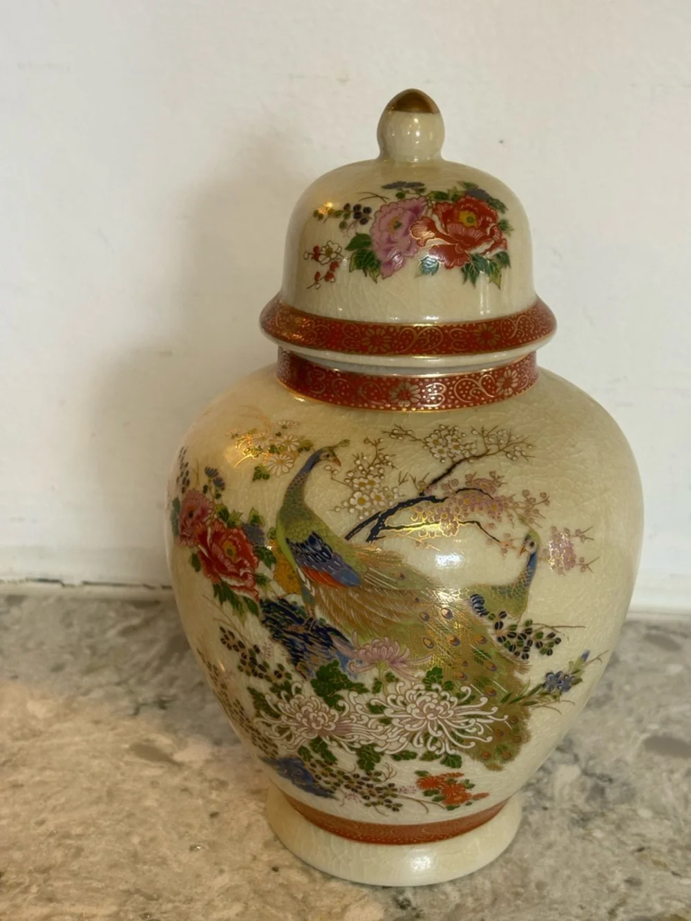 Sathuma Japan Lidded Ceramic Jar in Cream with Red Gold Accents Birds Floral